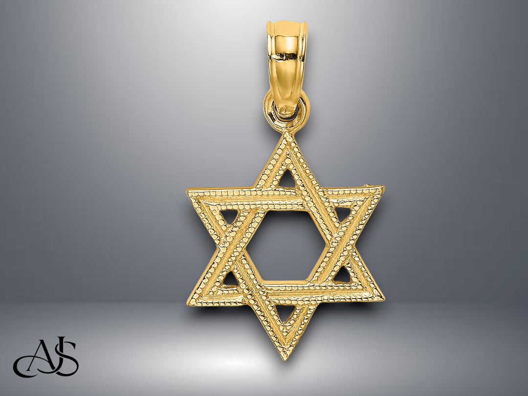 14K Yellow Gold Engraved Star Of David Charm with Necklace Chain Options