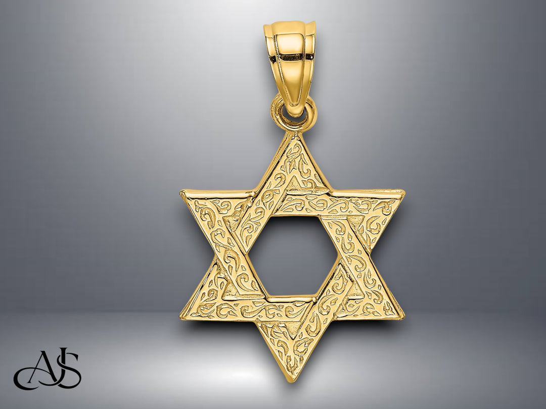 14K Yellow Gold Engraved Swirls Star Of David Charm with Necklace Chain Options