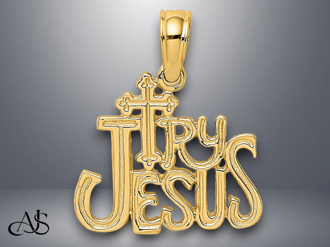 14K Yellow Gold Polished and Engraved TRY JESUS Charm with Necklace Chain Options