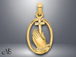 Load image into Gallery viewer, 14K Yellow Gold Praying Hands and Cross In Oval Charm with Necklace Chain Options
