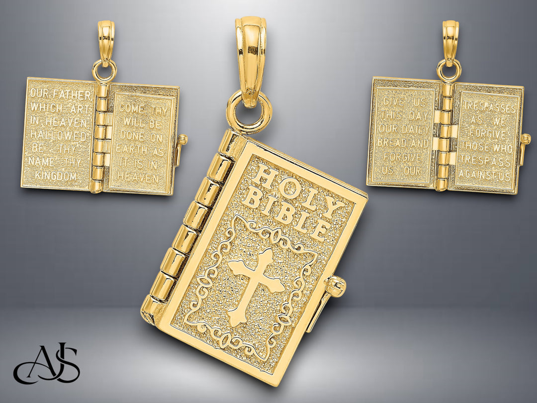 14K Yellow Gold 3-D Moveable Pages Holy Bible w/ Lords Prayer Charm with Necklace Chain Options