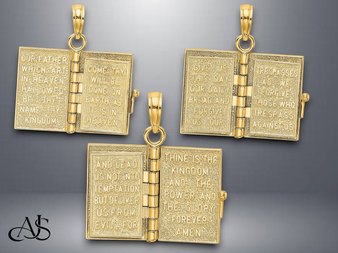 14K Yellow Gold 3-D Moveable Pages Holy Bible w/ Lords Prayer Charm with Necklace Chain Options