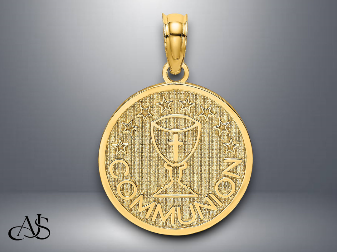 14K Yellow Gold Textured Communion Cup on Round Disc Charm with Necklace Chain Options