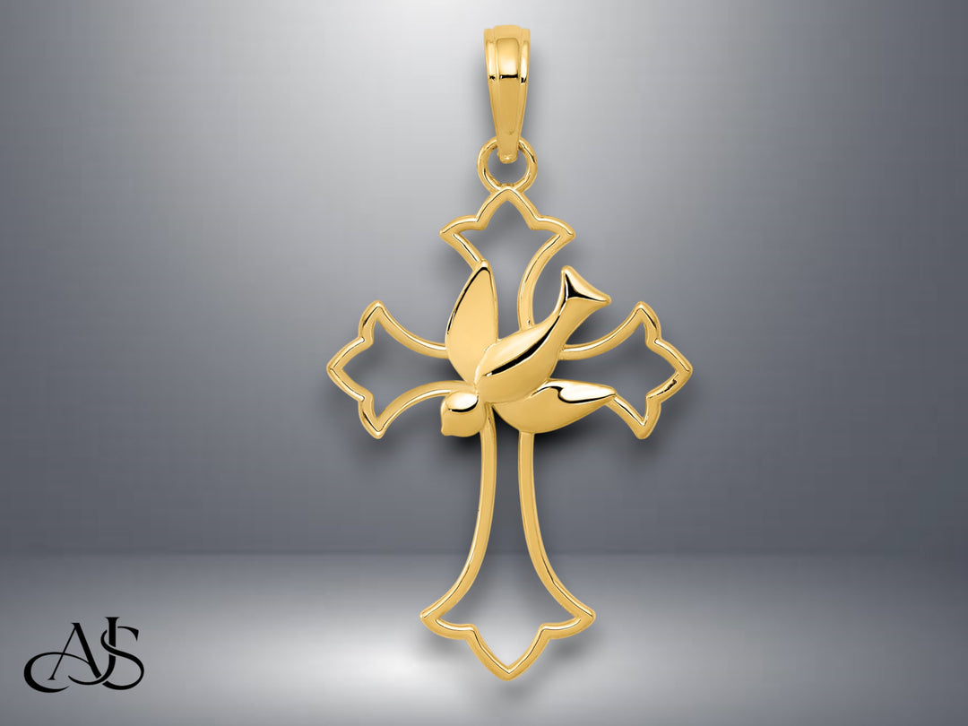 14K Yellow Gold Cut-Out Dove Center Cross Charm with Necklace Chain Options