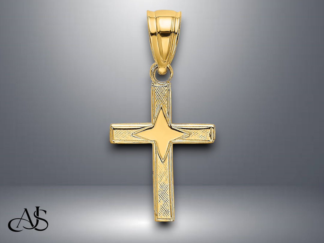 14K Yellow Gold Polished w/ Star Pattern Mini Cross Charm with Necklace Chain Options