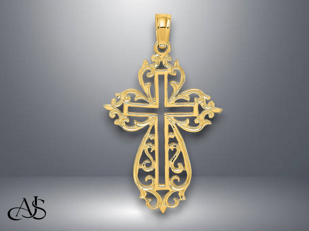 14K Yellow Gold Cut-Out Scroll Framed Cross Charm with Necklace Chain Options