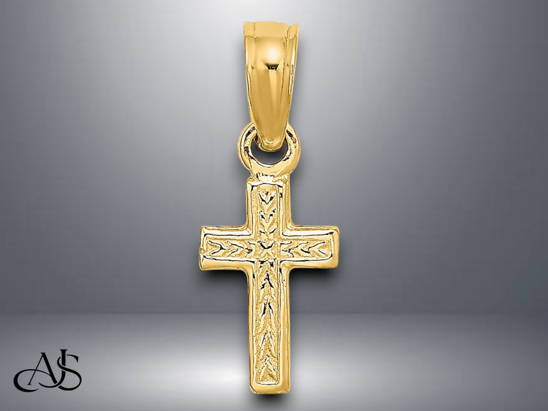 14K Yellow Gold Polished and Engraved Mini Cross Charm with Necklace Chain Options