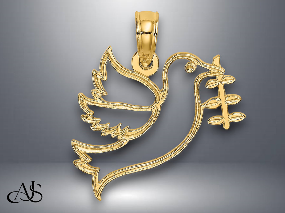 14K Yellow Gold Cut-Out Dove with Olive Branch Charm with Necklace Chain Options