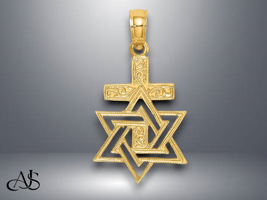 14K Yellow Gold Polished / Engraved Star Of David and Cross Charm with Necklace Chain Options