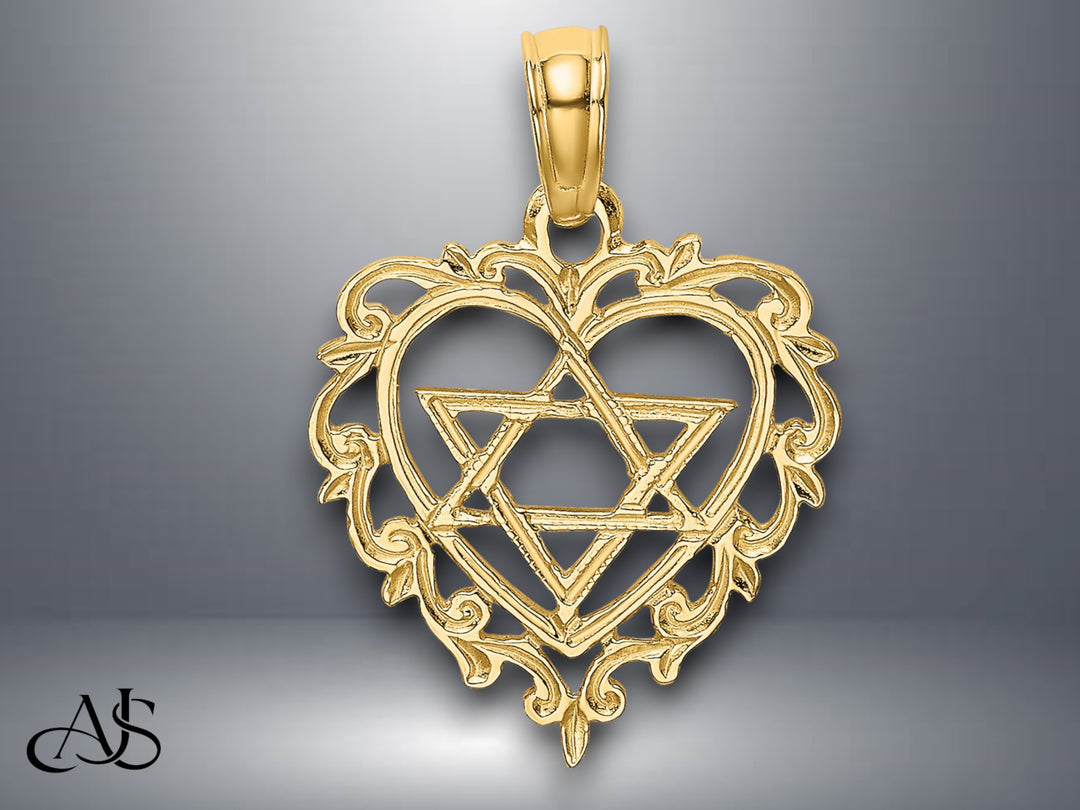 14K Yellow Gold Textured Star Of David In Heart Charm with Necklace Chain Options