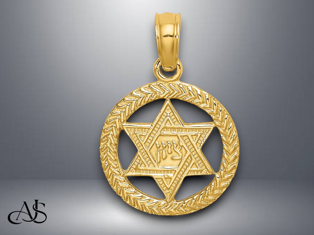 14K Yellow Gold Engraved Star Of David In Circle Charm with Necklace Chain Options