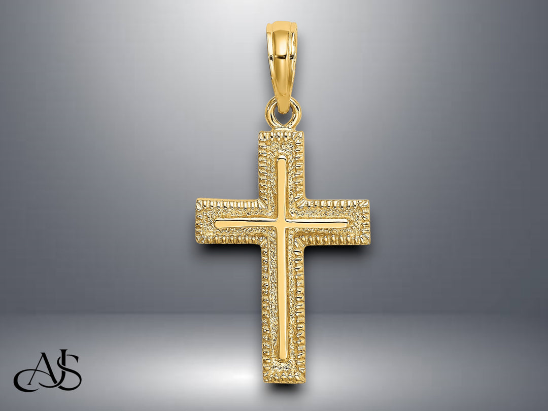 14K Yellow Gold Cross w/ Textured Border Design Charm with Necklace Chain Options
