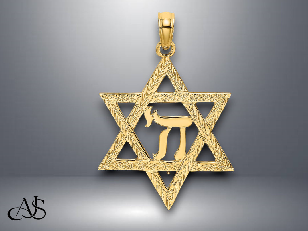 14K Yellow Gold Star of David W/ Chi Center  Charm with Necklace Chain Options