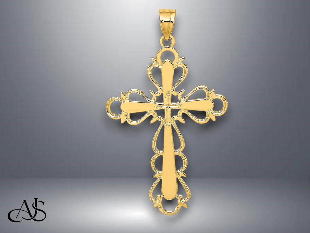 14K Yellow Gold Polished Lace Trim Cross Charm with Necklace Chain Options
