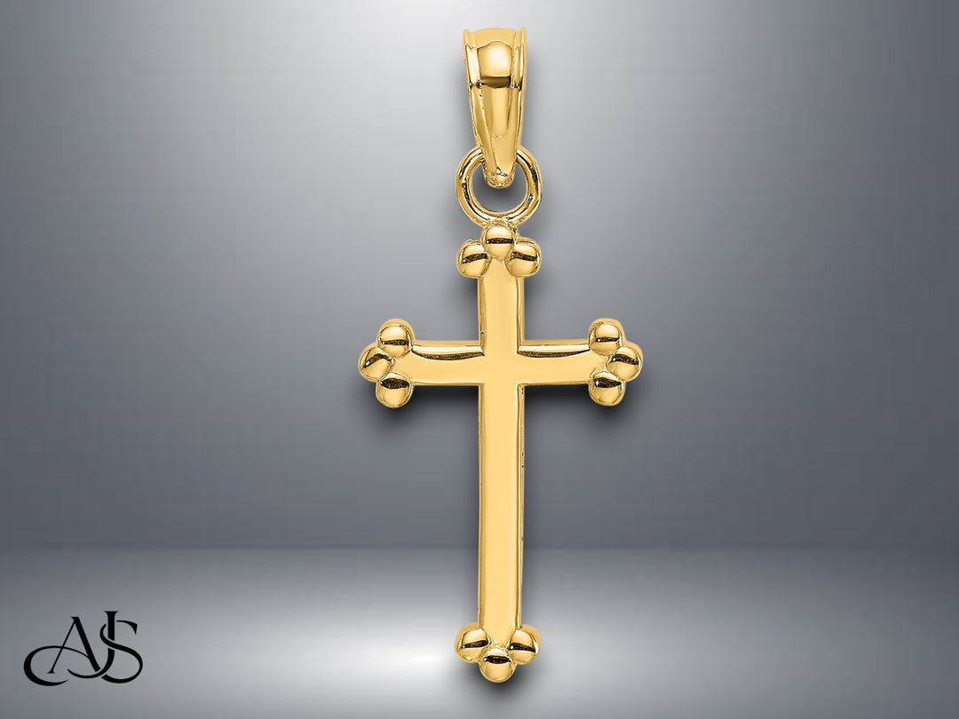 14K Yellow Gold Polished Beaded Cross with Necklace Chain Options