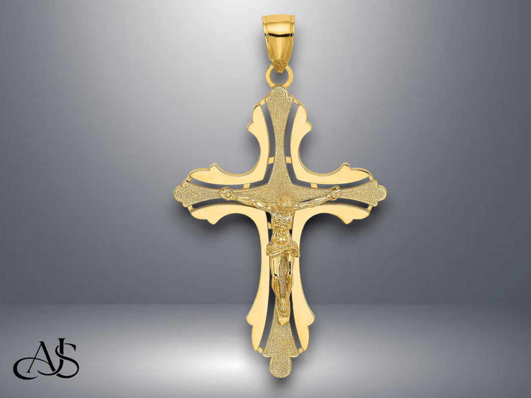 14K Yellow Gold Textured Cut-Out Crucifix W/Budded Tips Charm with Necklace Chain Options