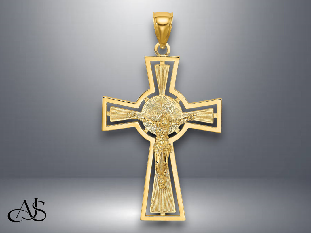14K Yellow Gold Cut-Out Crucifix W/ Center Circle Charm with Necklace Chain Options