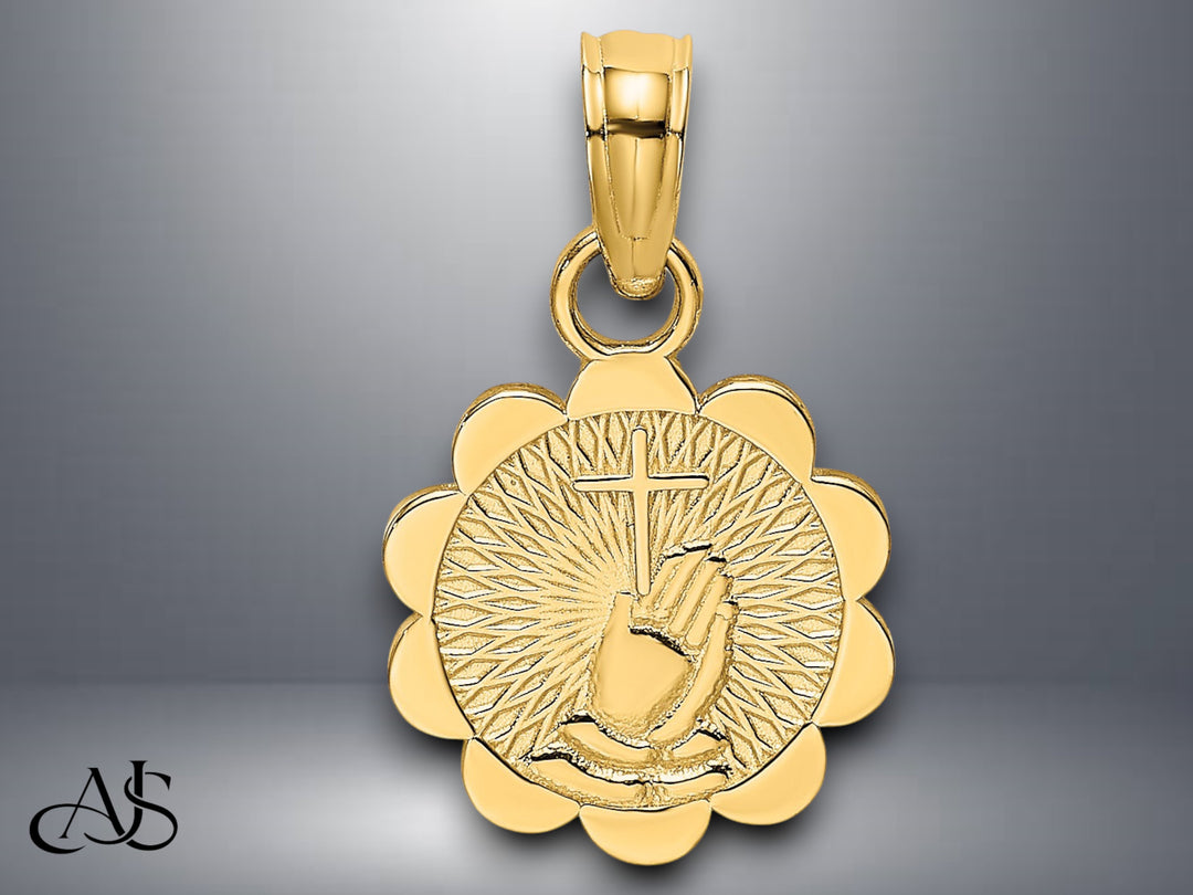 14K Yellow Gold Praying Hands and Cross On Scalloped Round Disk Charm with Necklace Chain Options