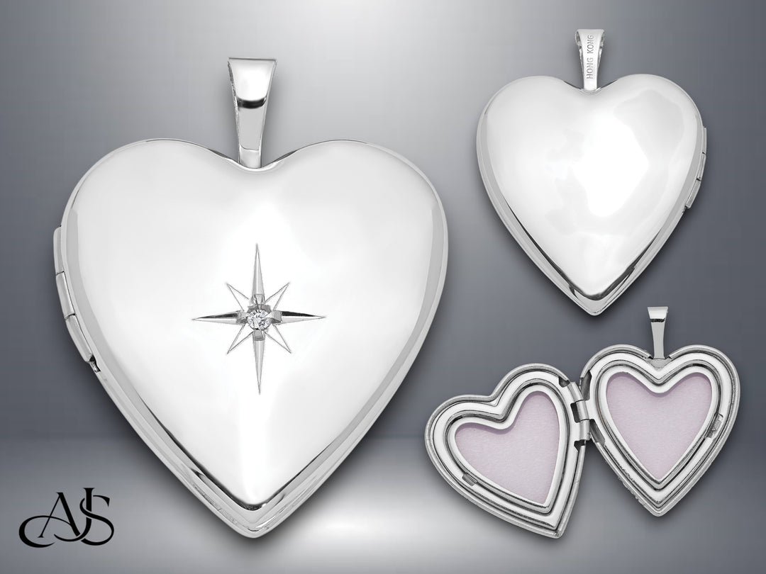 14K Yellow Gold White Gold Diamond Star 20mm Heart Locket | Build Your Locket Necklace with Engraving, Photo insertions, and Chain Options