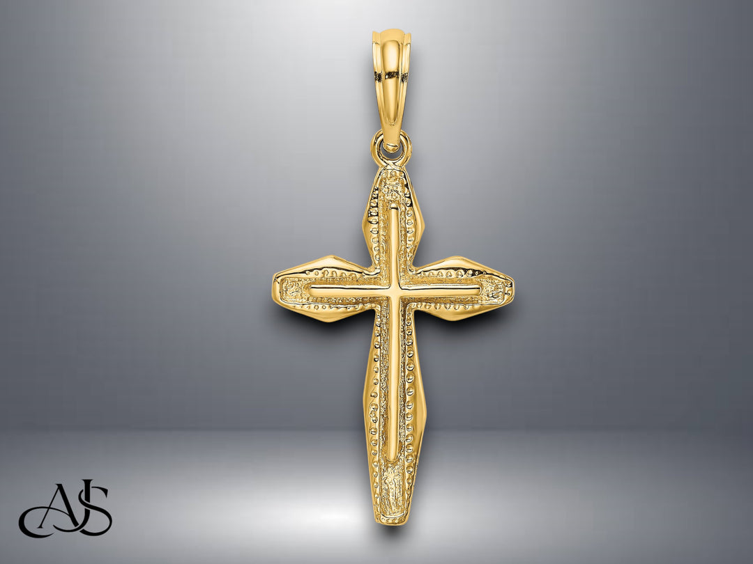 14K Yellow Gold Polished and Textured Cross Charm with Necklace Chain Options