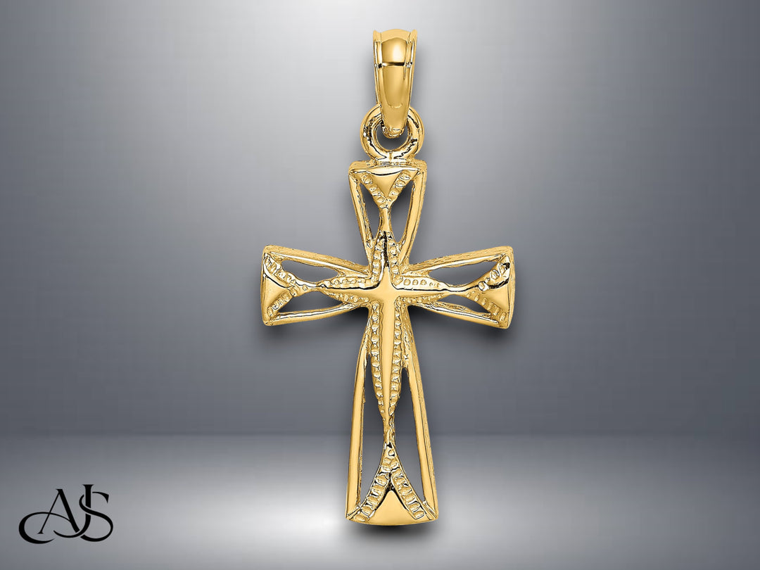 14K Yellow Gold Cut-Out Cross w/ Triangle Ends Charm with Necklace Chain Options