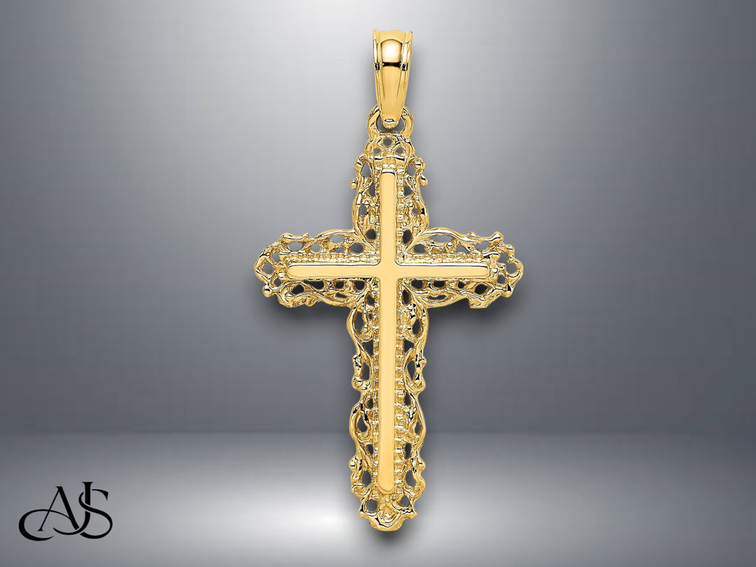 14K Yellow Gold Cross w/ Filigree Lace Trim Charm with Necklace Chain Options
