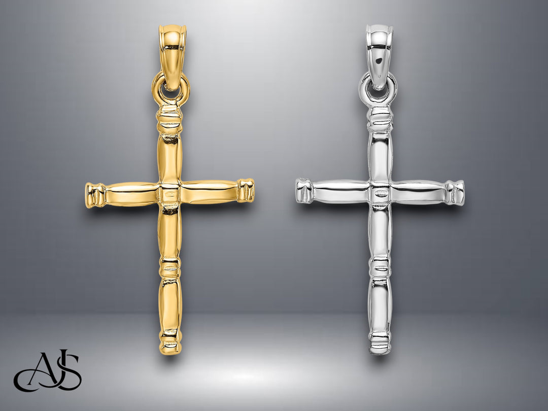 14K Yellow Gold White Gold 3-D Polished Cross Charm with Necklace Chain Options