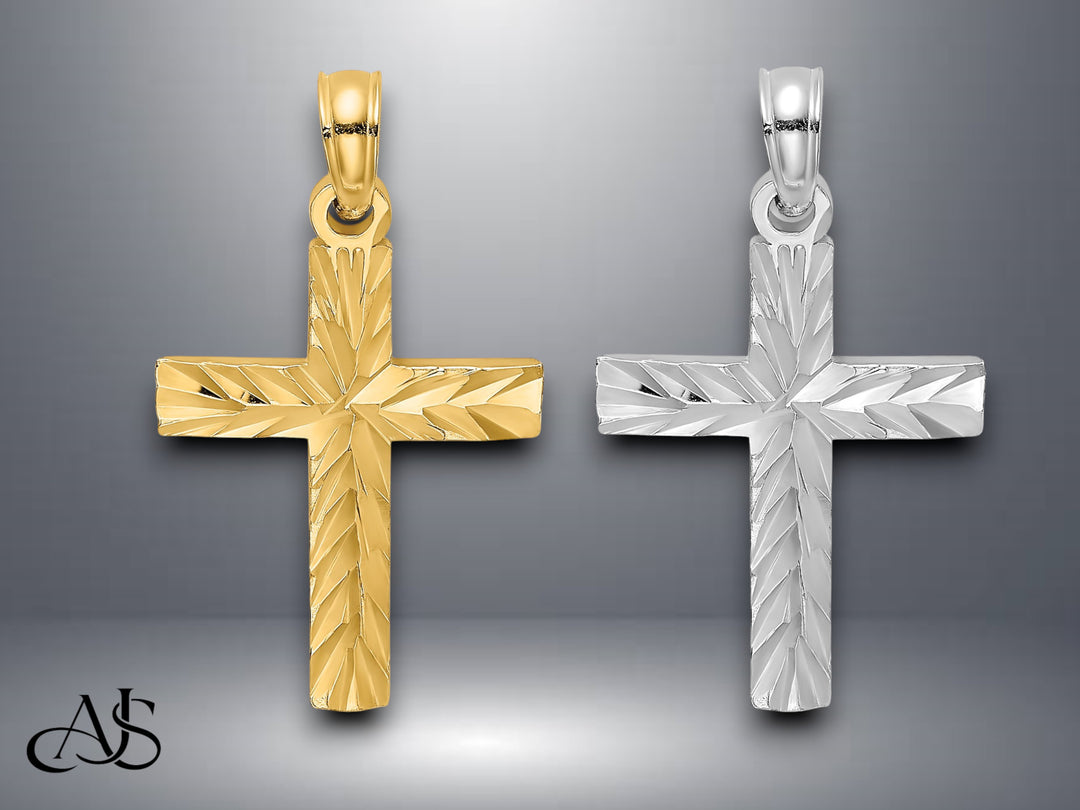 14K Yellow Gold White Gold D/C Block Cross Charm with Necklace Chain Options
