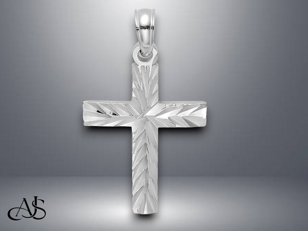 14K Yellow Gold White Gold D/C Block Cross Charm with Necklace Chain Options