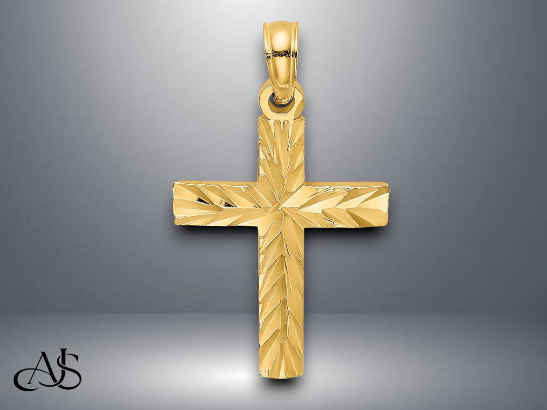 14K Yellow Gold White Gold D/C Block Cross Charm with Necklace Chain Options
