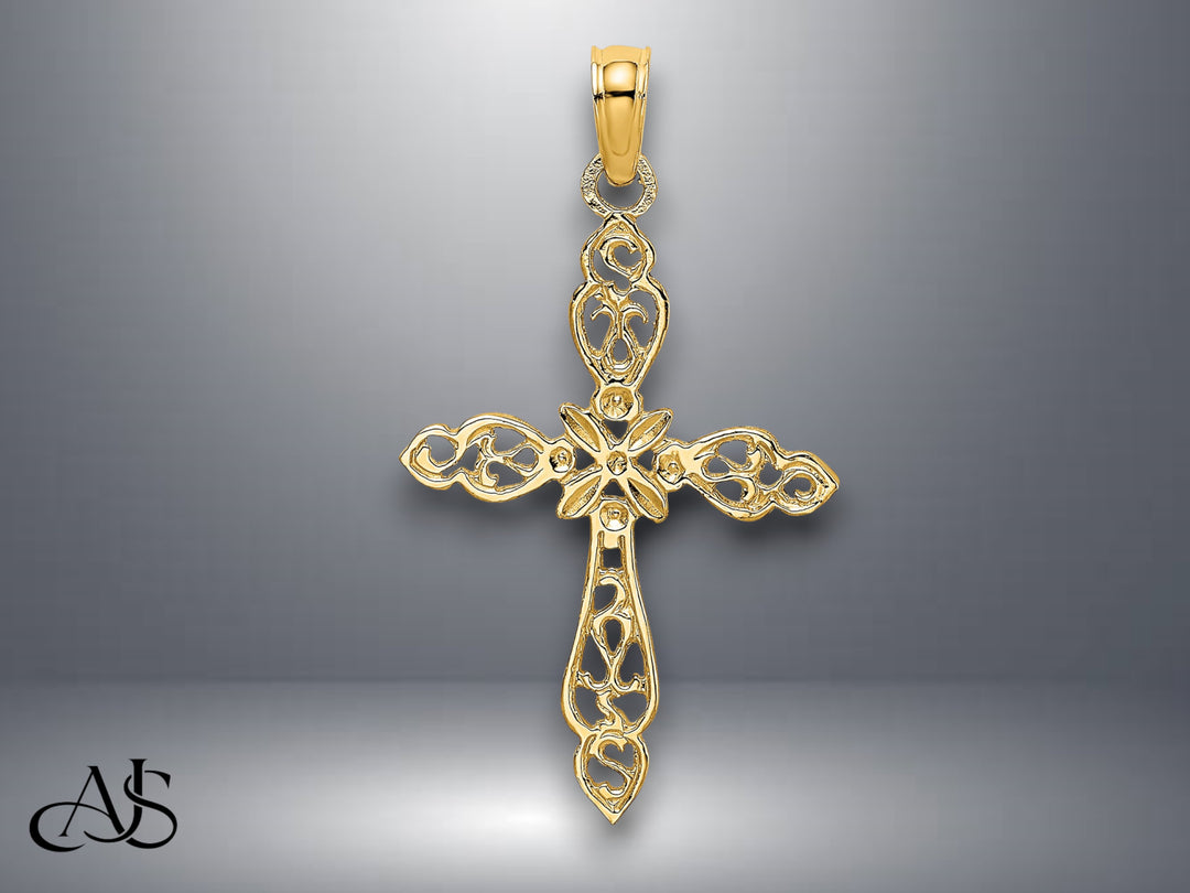 14K Yellow Gold White Gold Polished and Cut-Out Cross Charm with Necklace Chain Options