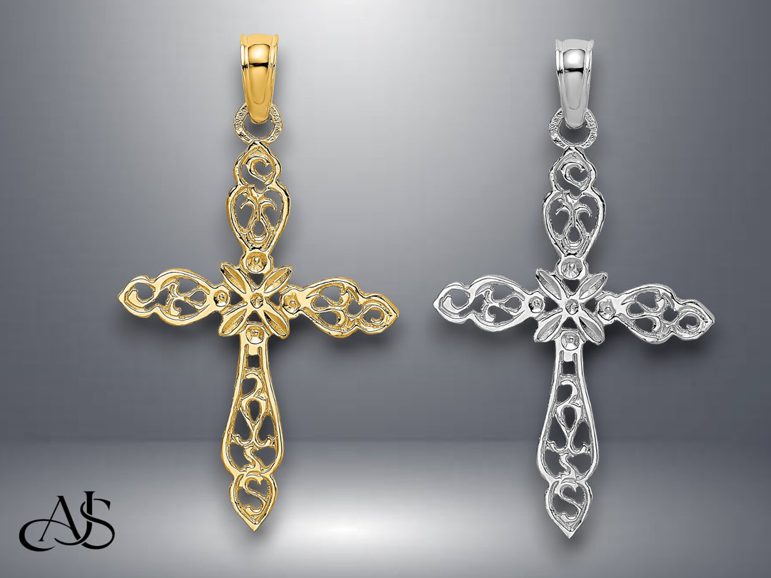 14K Yellow Gold White Gold Polished and Cut-Out Cross Charm with Necklace Chain Options