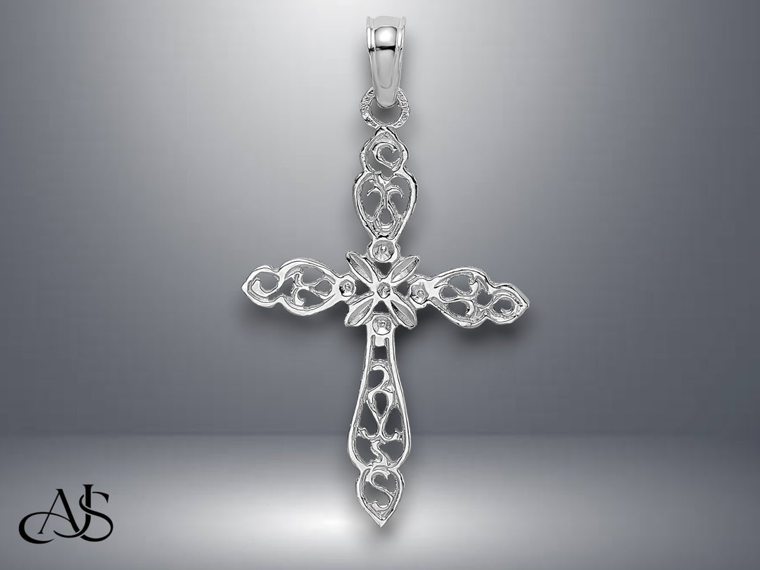 14K Yellow Gold White Gold Polished and Cut-Out Cross Charm with Necklace Chain Options