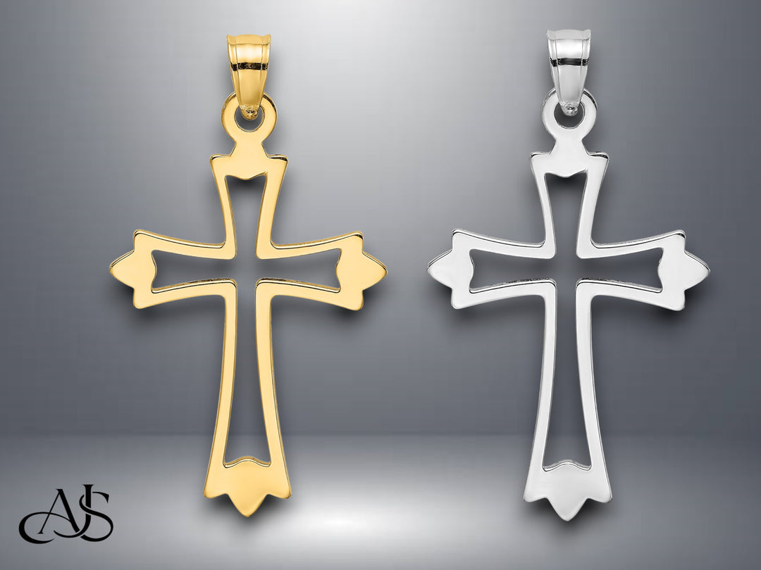14K Yellow Gold White Gold Polished and Cut-Out Cross Charm with Necklace Chain Options