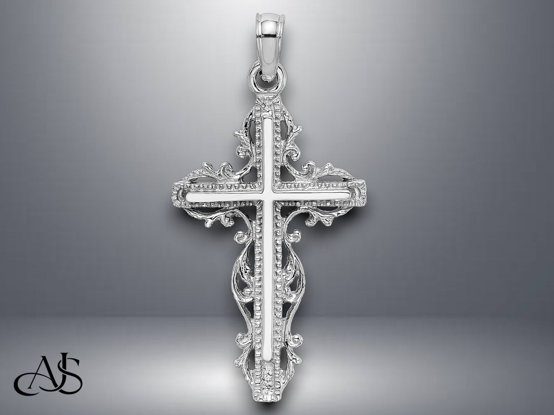 14K Yellow Gold White Gold Cross w/ Lace Trim Charm with Necklace Chain Options