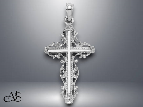14K Yellow Gold White Gold Cross w/ Lace Trim Charm with Necklace Chain Options