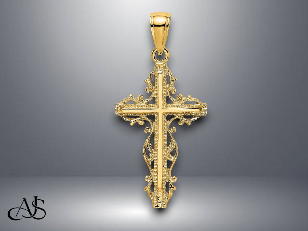 14K Yellow Gold White Gold Cross w/ Lace Trim Charm with Necklace Chain Options