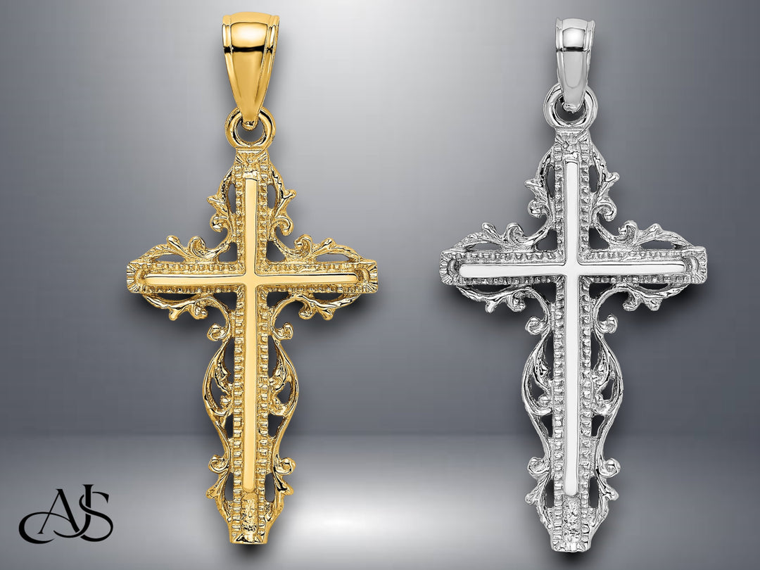 14K Yellow Gold White Gold Cross w/ Lace Trim Charm with Necklace Chain Options