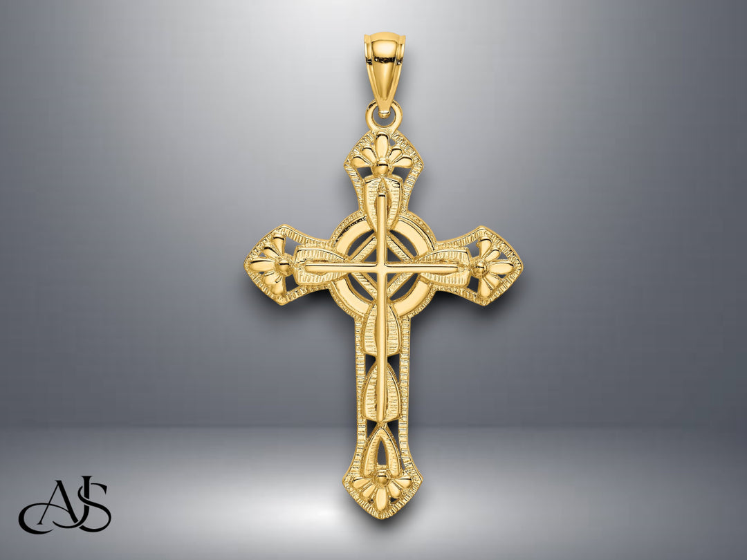 14K Yellow Gold Cut-Out Floral Cross Pendant with Necklace Chain Options