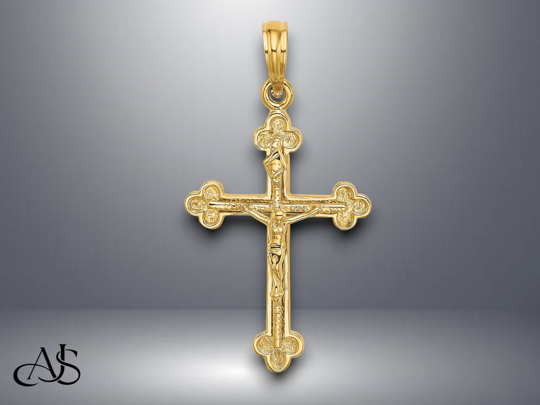 14K Yellow Gold Narrow Budded Crucifix Charm with Necklace Chain Options