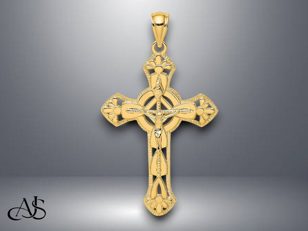 14K Yellow Gold Textured Crucifix W/ Arrow Charm with Necklace Chain Options