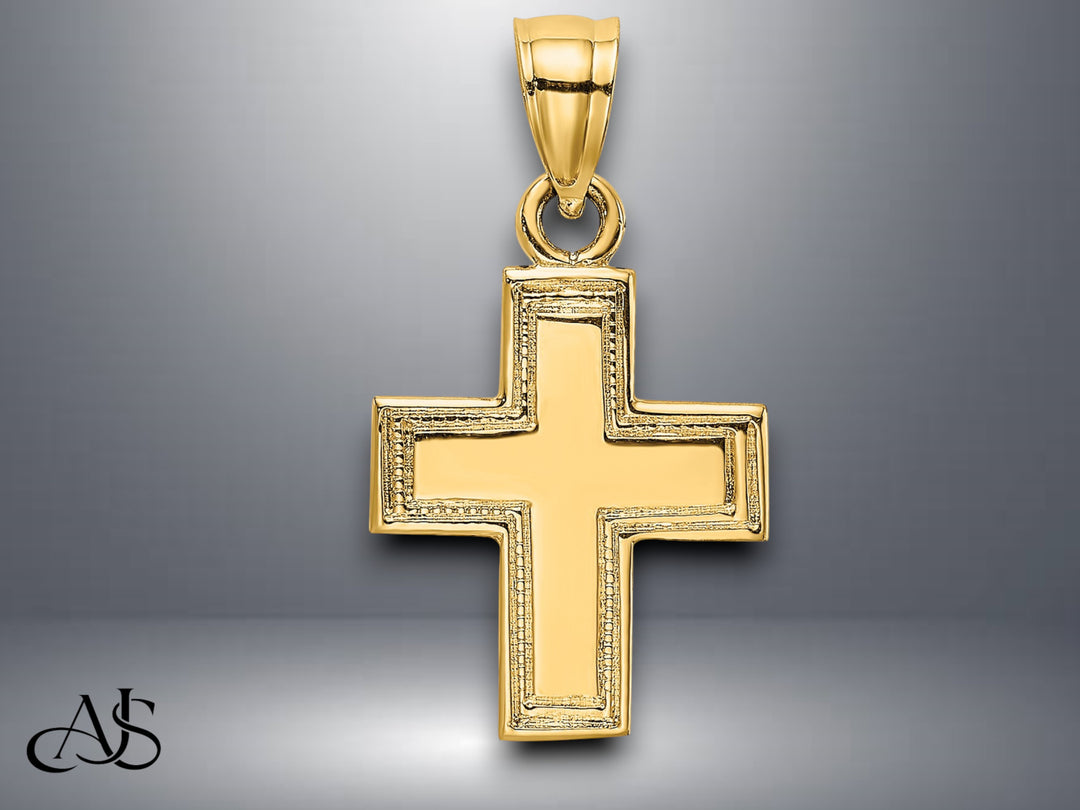 14K Yellow Gold Polished and Textured Cross Charm with Necklace Chain Options