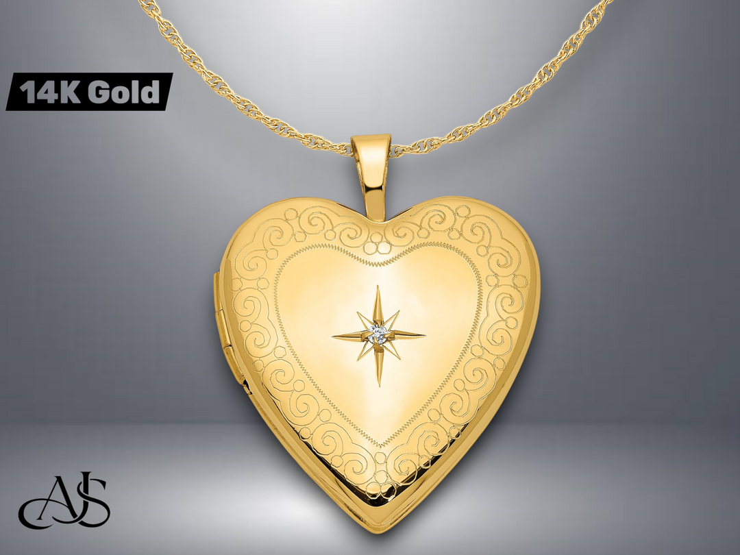 14K Yellow White Gold Diamond Star with Side Swirl Edge 20mm Heart Locket | Build Your Locket Necklace with Engraving, Photo insertions, and Chain Options