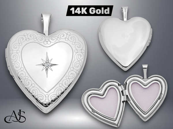 14K Yellow White Gold Diamond Star with Side Swirl Edge 20mm Heart Locket | Build Your Locket Necklace with Engraving, Photo insertions, and Chain Options