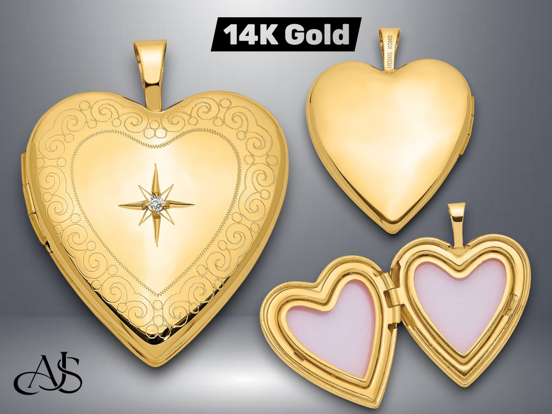 14K Yellow White Gold Diamond Star with Side Swirl Edge 20mm Heart Locket | Build Your Locket Necklace with Engraving, Photo insertions, and Chain Options