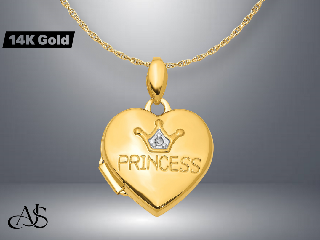 14K Yellow Gold Diamond PRINCESS with Crown 16mm Heart Locket | Build Your Locket Necklace with Engraving, Photo insertions, and Chain Options
