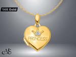 Load image into Gallery viewer, 14K Yellow Gold Diamond PRINCESS with Crown 16mm Heart Locket | Build Your Locket Necklace with Engraving, Photo insertions, and Chain Options
