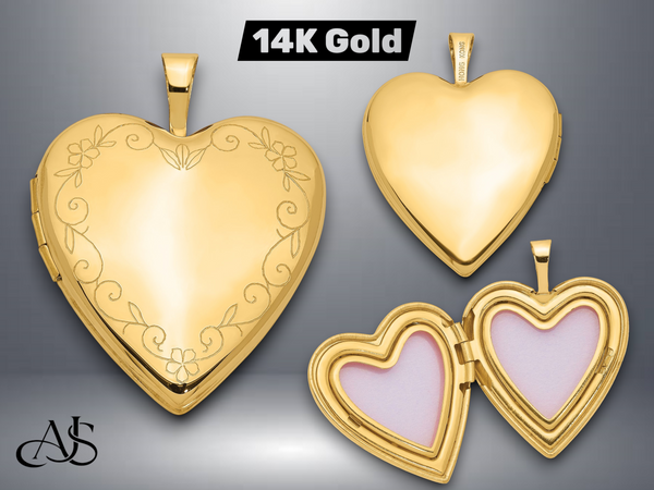 14K Yellow Gold  White Gold Floral Vine Border 20mm Heart Locket  | Build Your Locket Necklace with Engraving, Photo insertions, and Chain Options