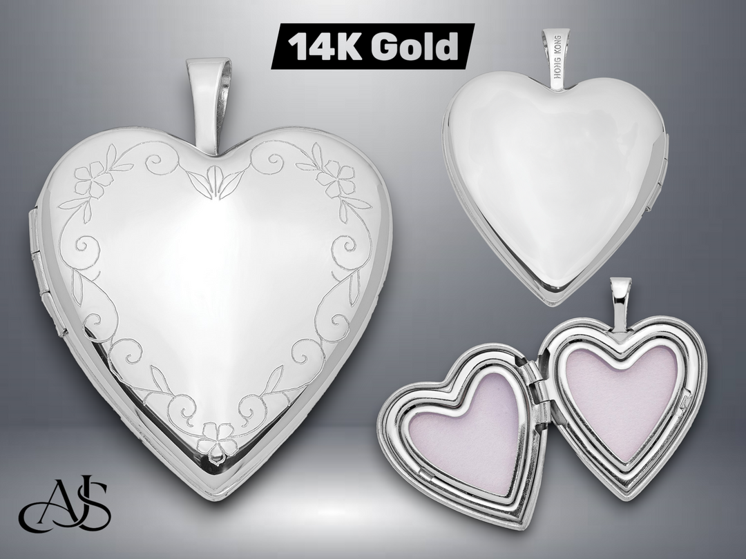 14K Yellow Gold  White Gold Floral Vine Border 20mm Heart Locket  | Build Your Locket Necklace with Engraving, Photo insertions, and Chain Options