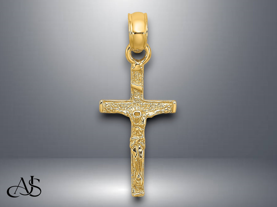 14K Yellow Gold Mini Crucifix Charm with Necklace Chain Options